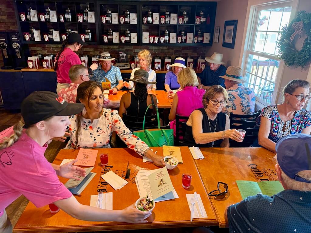 Crystal River food tour guests enjoying seasonal tasting menu with tea and coffee pairings at Cattle Dog Coffee Roasters
